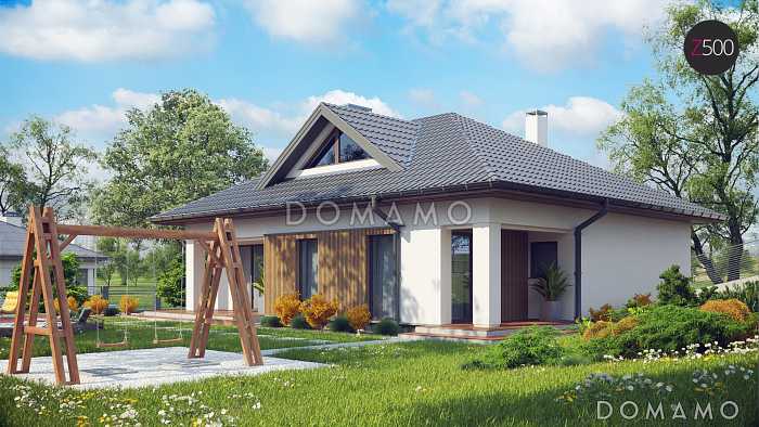 Проект одноэтажного дома из газобетона с тремя спальнями и треугольным окном на чердаке