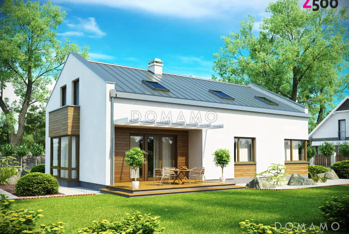 Проект просторного современного мансардного дома из газобетона с пятью комнатами, эркером и террасой над гаражом