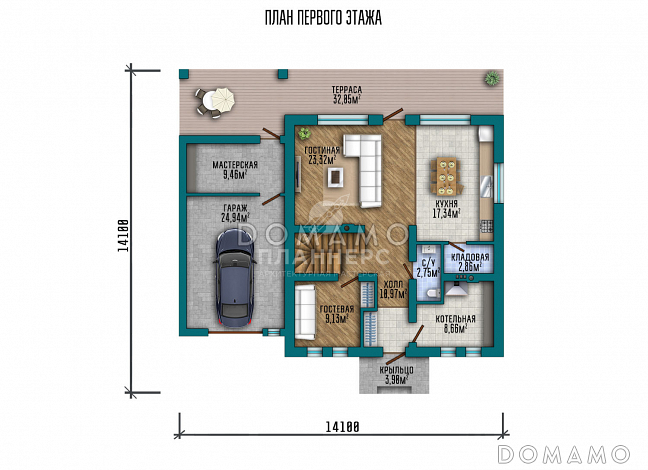 Проект двухэтажного дома с гаражом / План 1 этажа