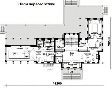 Проект классического дома с винным погребом, бассейном, тренажерным залом, бильярдной, сауной, турецкой и русской парной / План 1 этажа