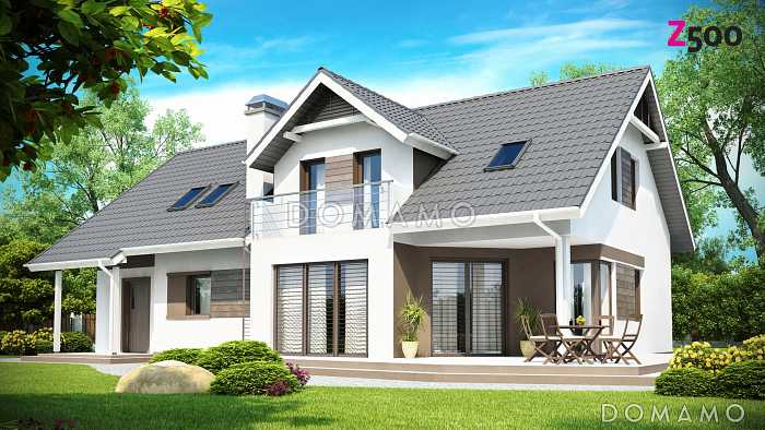 Проект одноэтажного мансардного дома из кирпича со встроенным гаражом и угловой террасой