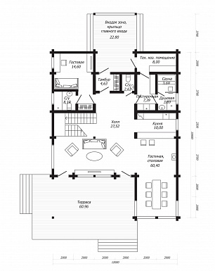 Проект дома из клееного бруса с двумя навесными балконами / План 1 этажа