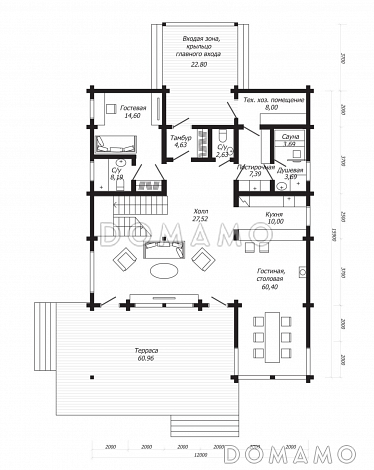 Проект дома из клееного бруса с двумя навесными балконами / План 1 этажа
