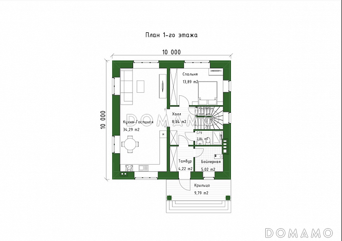 Проект компактного двухэтажного дома с террасой, гостиной и 4 спальнями / План 1 этажа