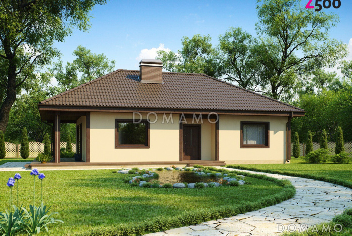 Проект компактного одноэтажного дома из газобетона с двумя спальнями и боковой террасой 