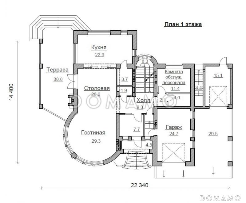 Проект современного дома из кирпича с сауной / План 1 этажа