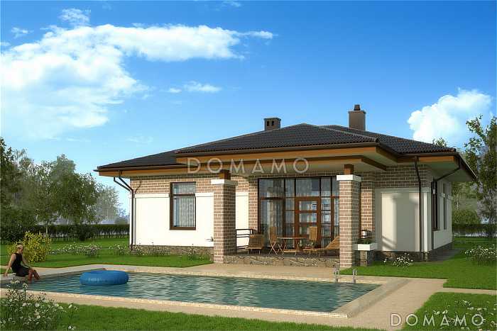 Проект одноэтажного дома с панорамным окном на крытую террасу