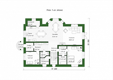 Проект двухэтажного дома из газобетона с эркером в кухне-столовой / План 1 этажа