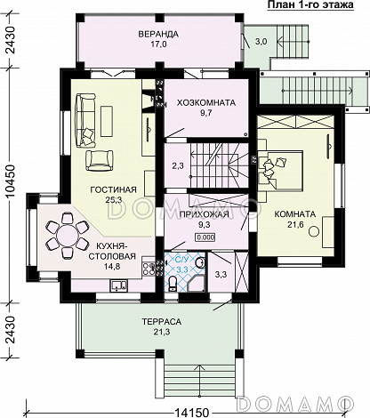 Проект дома из газобетона с цокольным этажом / План 1 этажа