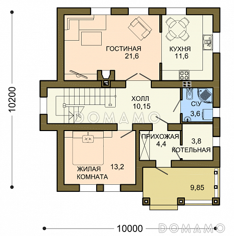 Проект квадратного коттеджа с облицовкой клинкером слоновая кость / План 1 этажа
