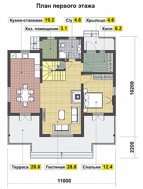Проект дома в норвежском стиле с большой террасой и просторным холлом второго этажа / План 1 этажа