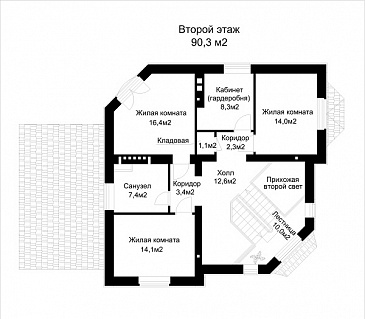 Проект коттеджа с эффектной главной лестницей, со спортзалом в подвале, и угловым крыльцом / План мансардного этажа