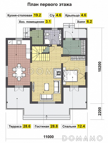 Проект дома в норвежском стиле с большой террасой и просторным холлом второго этажа / План 1 этажа