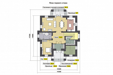 Проект дома с большой гостиной, санузлом, гостевой, хозяйской спальней с балконом / План 1 этажа