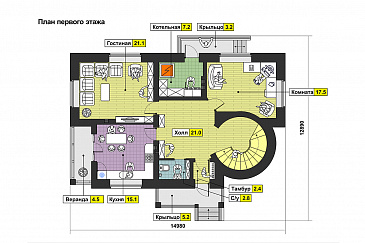 Проект дома с башней, окнами в пол на веранде, с балконом и лоджией / План 1 этажа