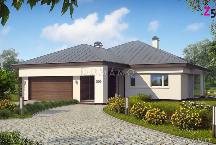 Проект одноэтажного дома из кирпича со стеклянным эркером в просторной гостиной и гаражом на два автомобиля