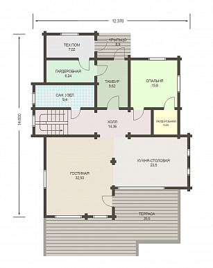 Проект деревянного дома из клееного бруса с просторным балконом на втором этаже / План 1 этажа