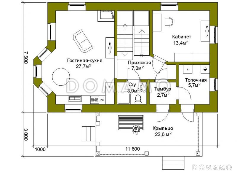 Проект компактного коттеджа с двускатной кровлей / План 1 этажа