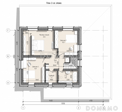 Проект загородного дома с террасой, гаражом, кабинетом, двумя детскими / План 2 этажа