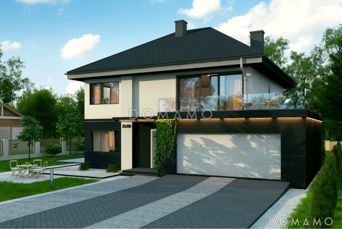 Проект загородного дома с кладовой в кухне, гаражом, мастер-спальней на мансарде с террасой