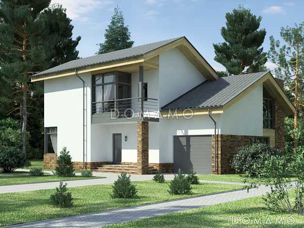 Проект дома с гаражом на одну машину, гостиной с камином, балконом