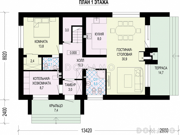 Проект дома с террасой, просторной гостиной, комнатами с санузлом / План 1 этажа