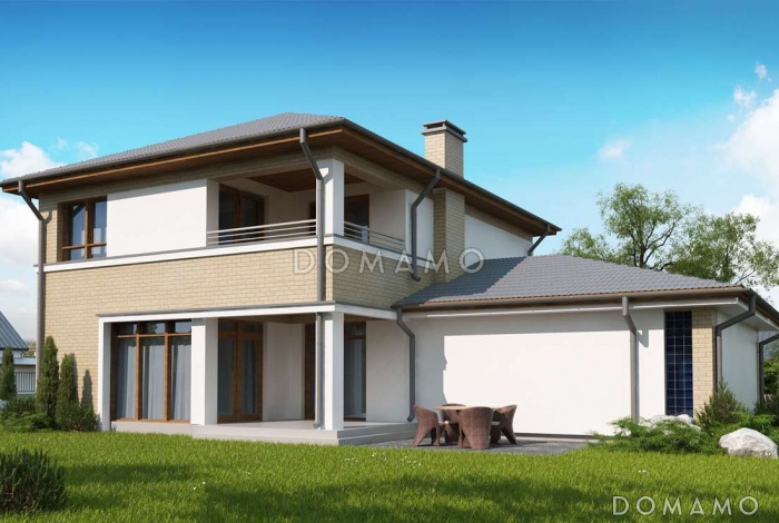 Проект современного двухэтажного дома из газобетона с четырьмя спальнями, кабинетом и пристроенным гаражом на два автомобиля