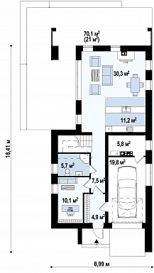 Проект аккуратного современного мансардного дома из кирпича с гаражом и террасой над входом / План 1 этажа
