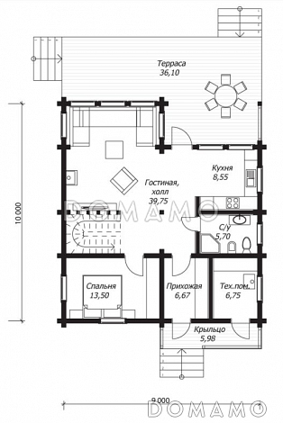 Проект дома из клееного бруса с тремя светлыми спальнями на втором этаже / План 1 этажа