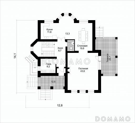 Проект коттеджа с подземным гаражом / План 1 этажа