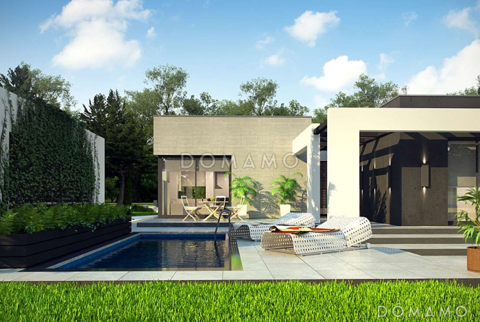 Проект просторного современного одноэтажного дома из газобетона с плоской крышей с четырьмя спальнями, террасой и крытым навесом для двух автомобилей