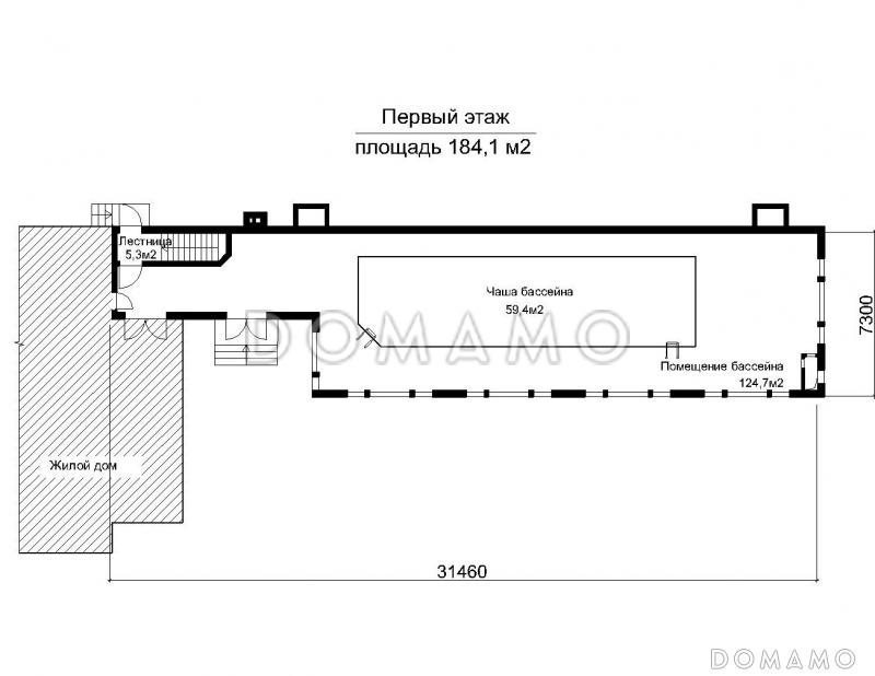 Проект пристроенного бассейна круглогодичного использования / План 1 этажа