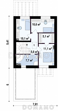 Проект двухэтажного дома из кирпича с фронтальным гаражом для узкого участка / План 2 этажа