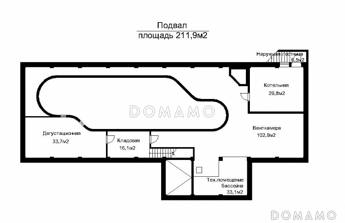Проект отдельностоящего баcсейна с подвалом / План цокольного этажа